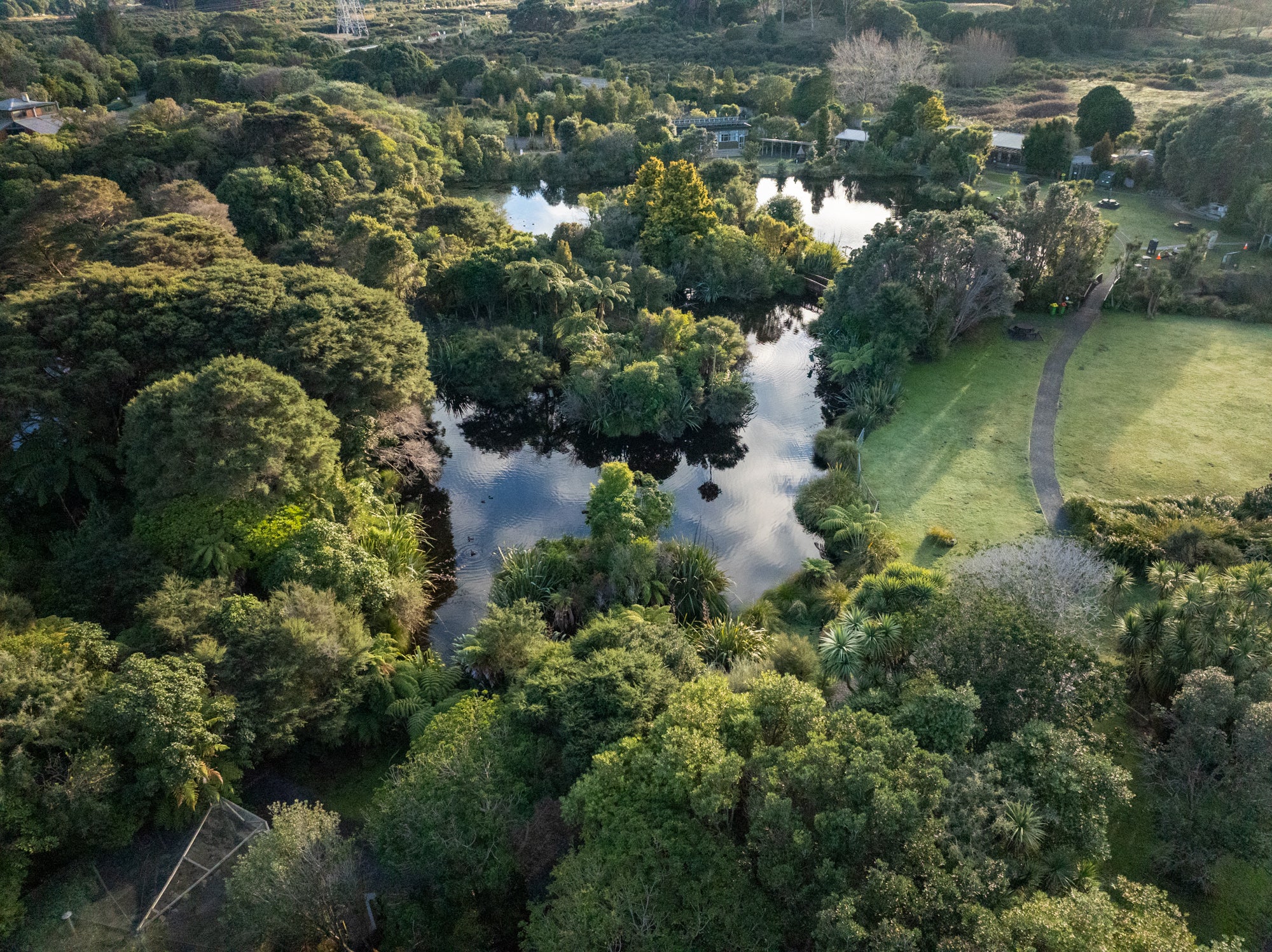 Drone shot of BBQ island, a perfect setting for birthdays, events and parties at Ngā Manu nature reserve in Waikanae on the Kāpiti coast.