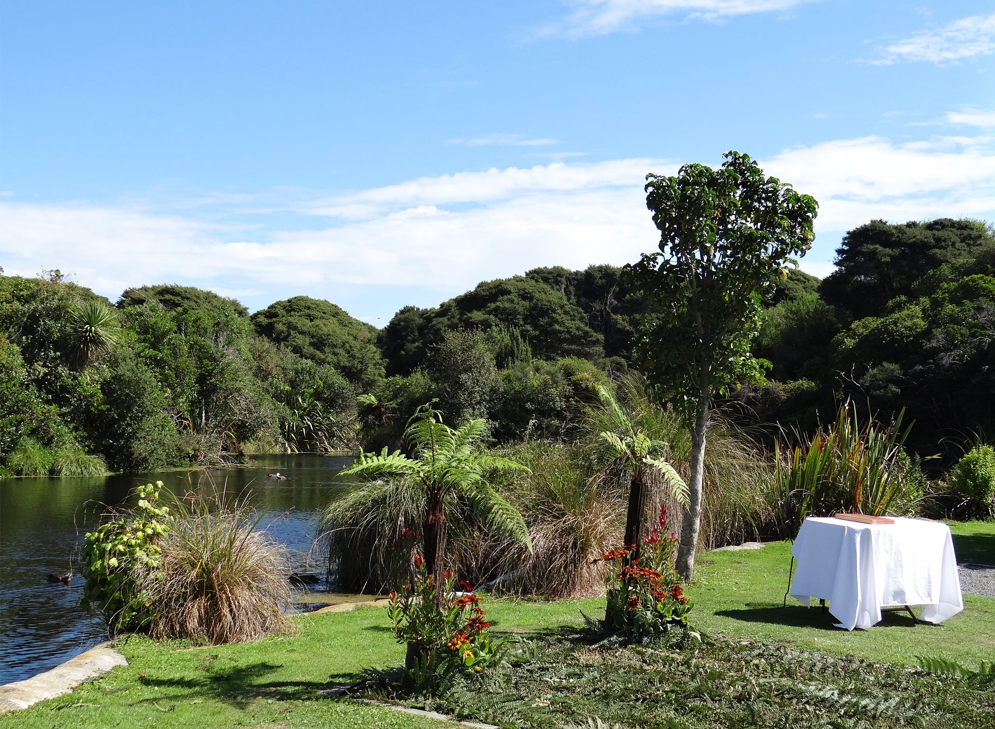 Wedding day set up by the lake at Ngā Manu nature reserve in Waikanae on the Kāpiti coast.